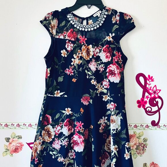 Monteau Girl Navy Blue  Rose Floral Dress Girls XL 14 - Picture 3 of 9